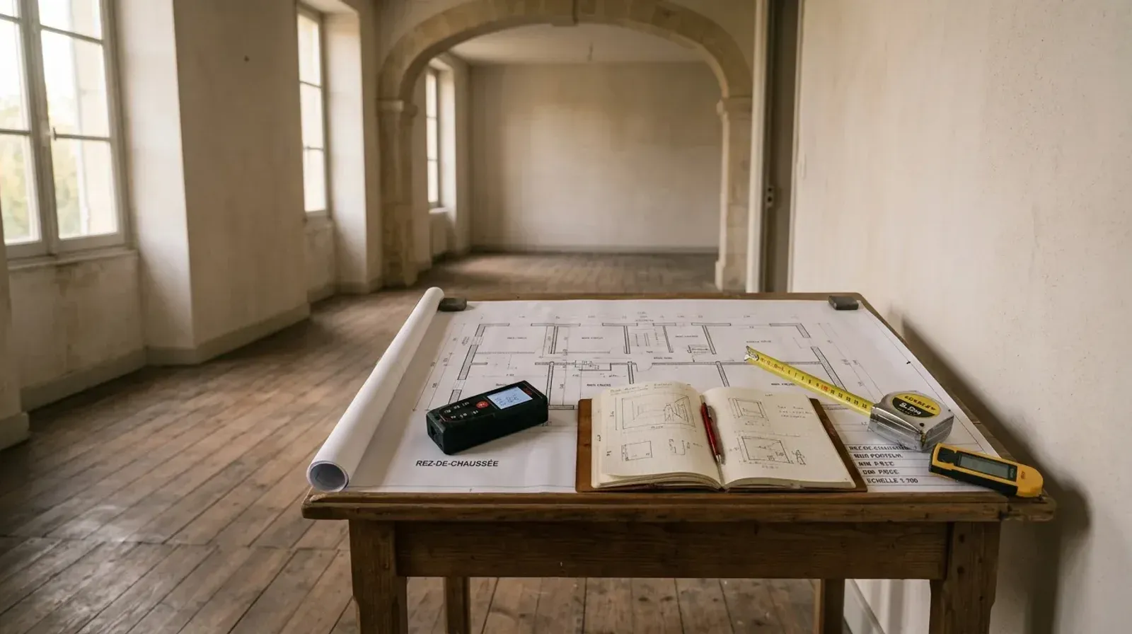 Télémètre laser, carnet de relevé et plan de niveau posés sur une table pendant une intervention